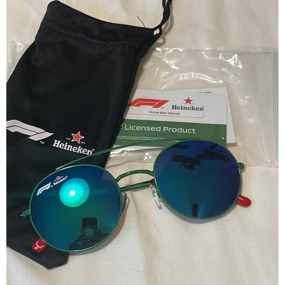 Formula 1  Round Mirror Sunglasses Green Frame Red Tips F1 Licensed Promo Pouch